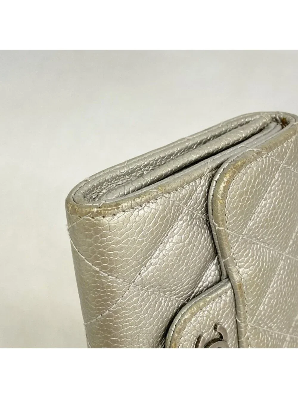 Chanel Card Case Quilted Caviar Leather Silver